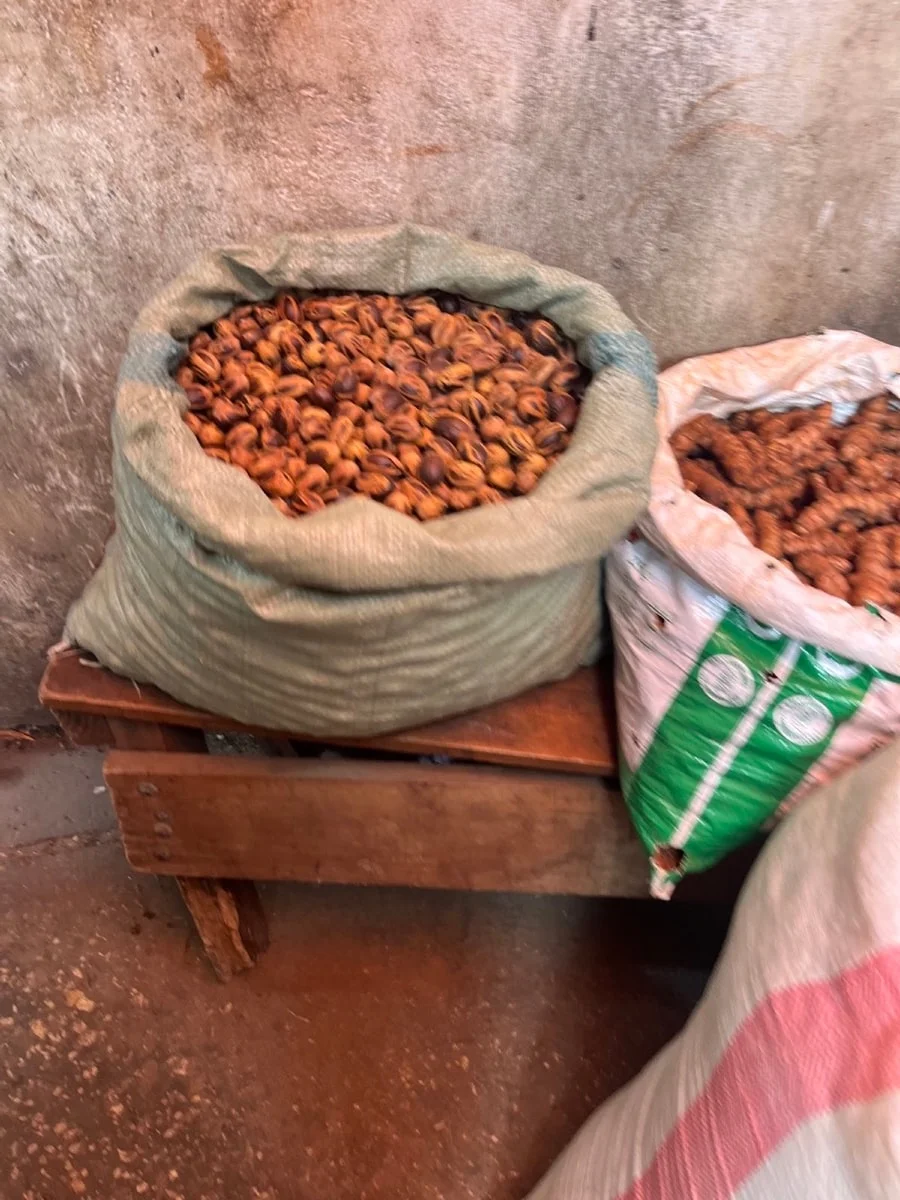 Open market sacks filled with dried aromatic spices in Zanzibar